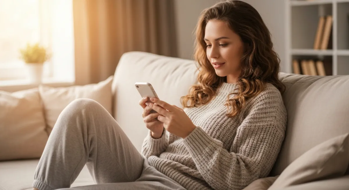 Person som använder dejtingapp i hemmaställning med mysig belysning