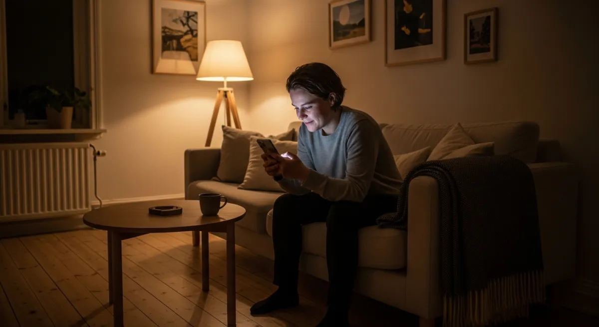 Person som skickar meddelande på smartphone i mysig hemmamiljö