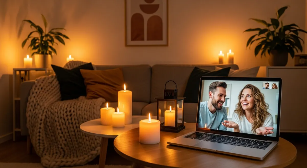 Par i videosamtal som ler mot varandra